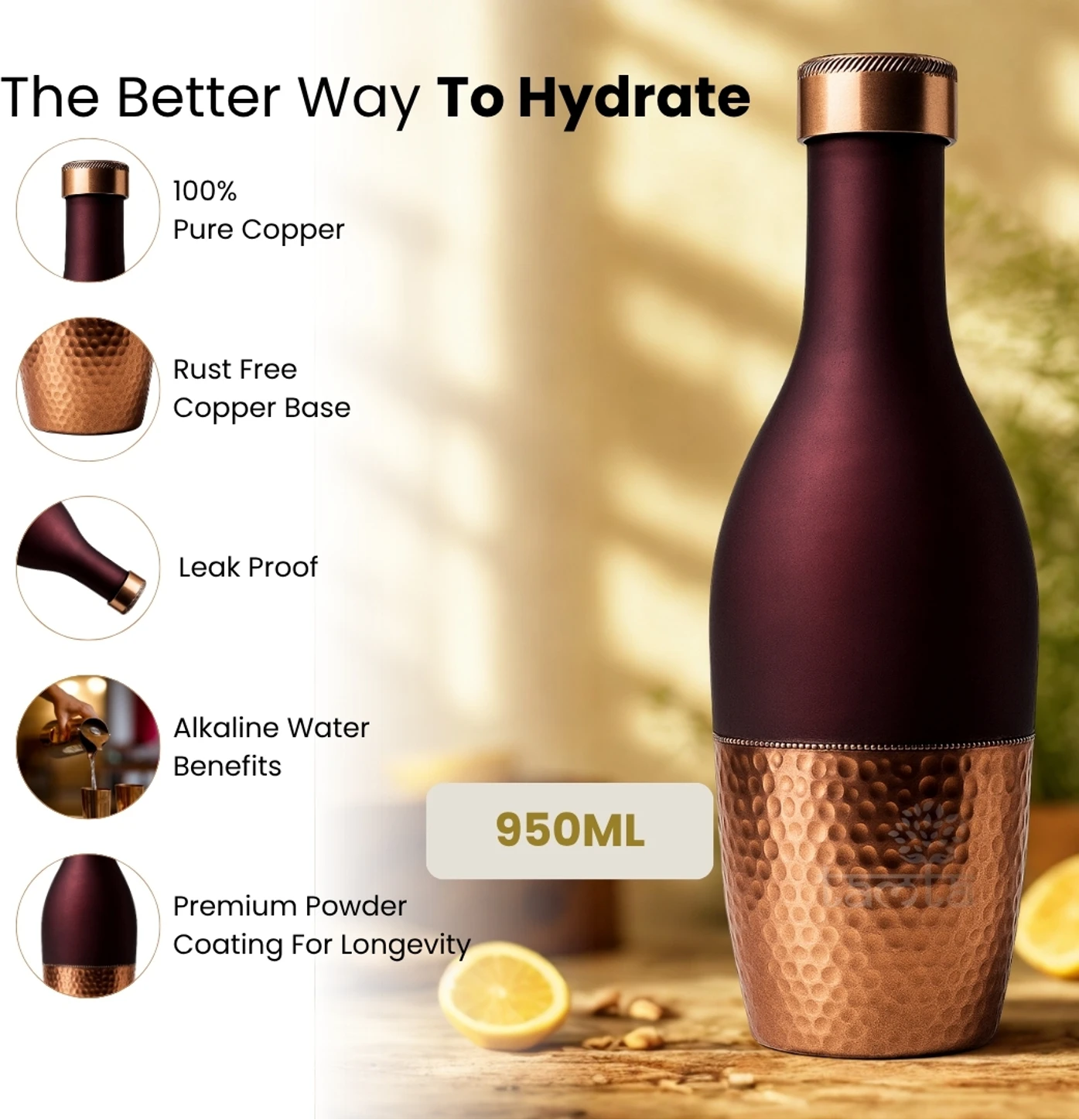 Premium Matte Finish Copper Water Bottle with Hammered Base – 100% Pure Copper Ayurvedic Drinking Bottle