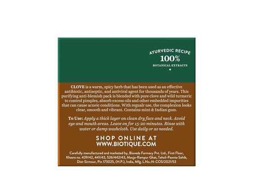 Biotique Clove Purifying Anti-Blemish Face Pack | Natural Deep Cleansing Face Mask for Acne & Pimples | 75g