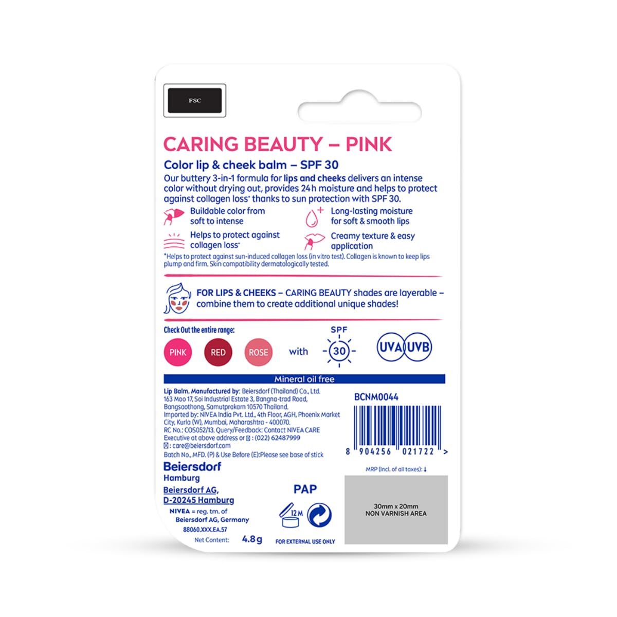 Nivea Lip Caring Beauty Red Lip Balm With SPF 30 - Pink - 4.8 gm