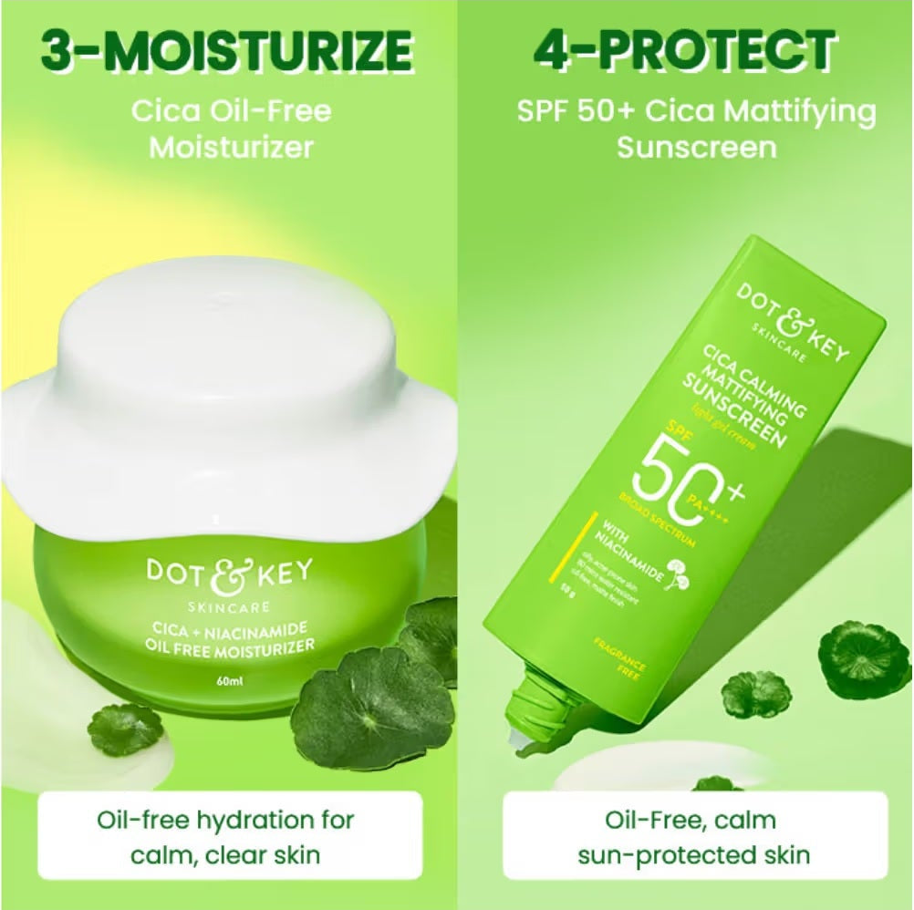 Dot & Key Cica + Niacinamide C + E CSMS (Cleanser, Serum, Moisturizer, Sunscreen) Routine for Oily & Acne Prone Skin - combo