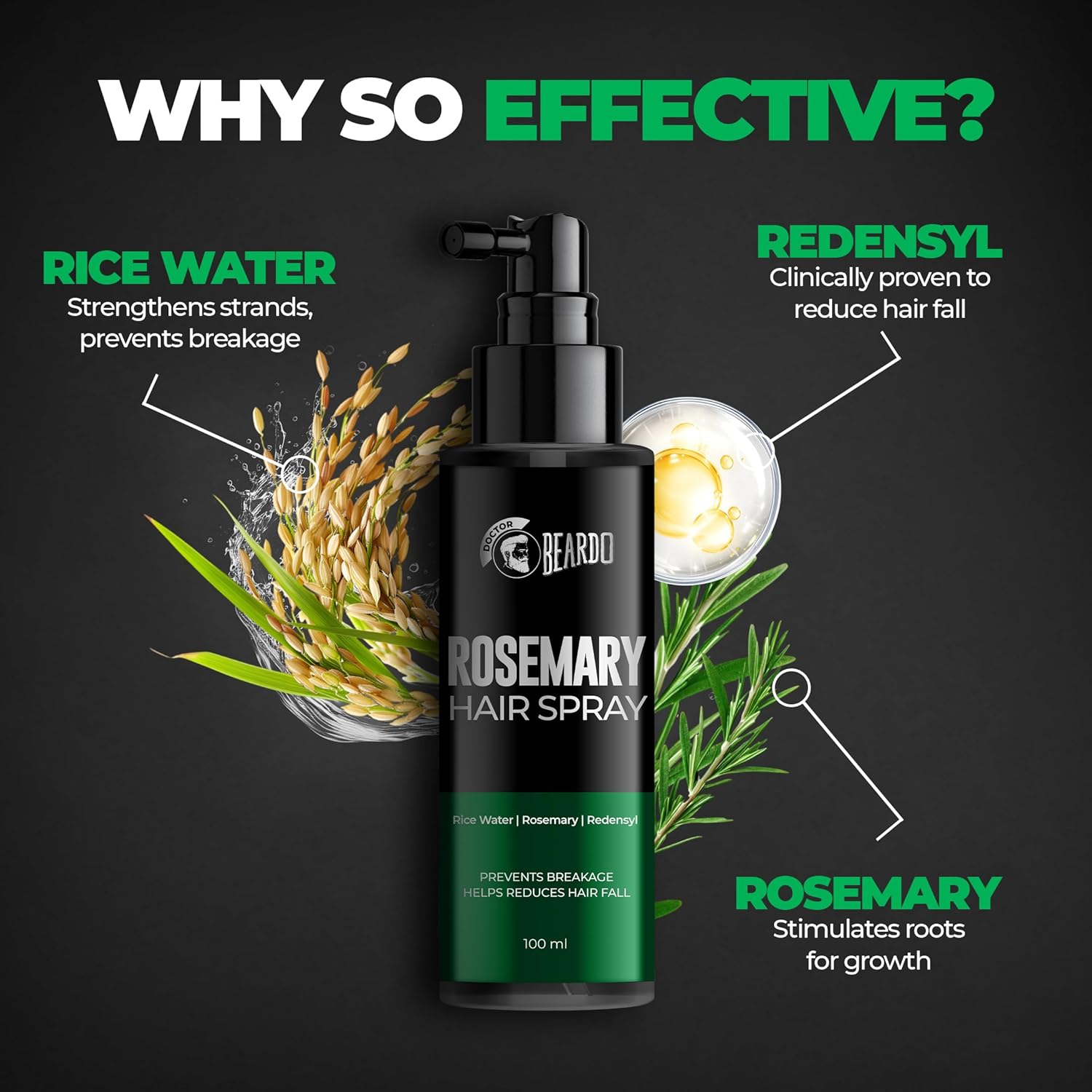 Beardo Rosemary Hair Spray with Redensyl & Rice Water | Activates Natural Hair Growth, Reduces Hair Fall & Breakage | Strengthens Roots | Non-Sticky Daily Hair Tonic for Men- 100ml