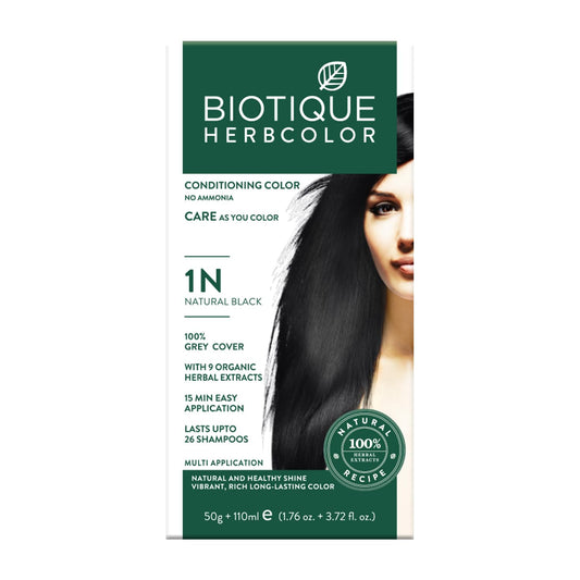 Biotique Herbcolor Conditioning Hair Colour l Ammonia Free Hair Color l 9 Organic Herbal Extracts l Natural and Healthy Shine l 50g + 110ml| Natural Black 1N