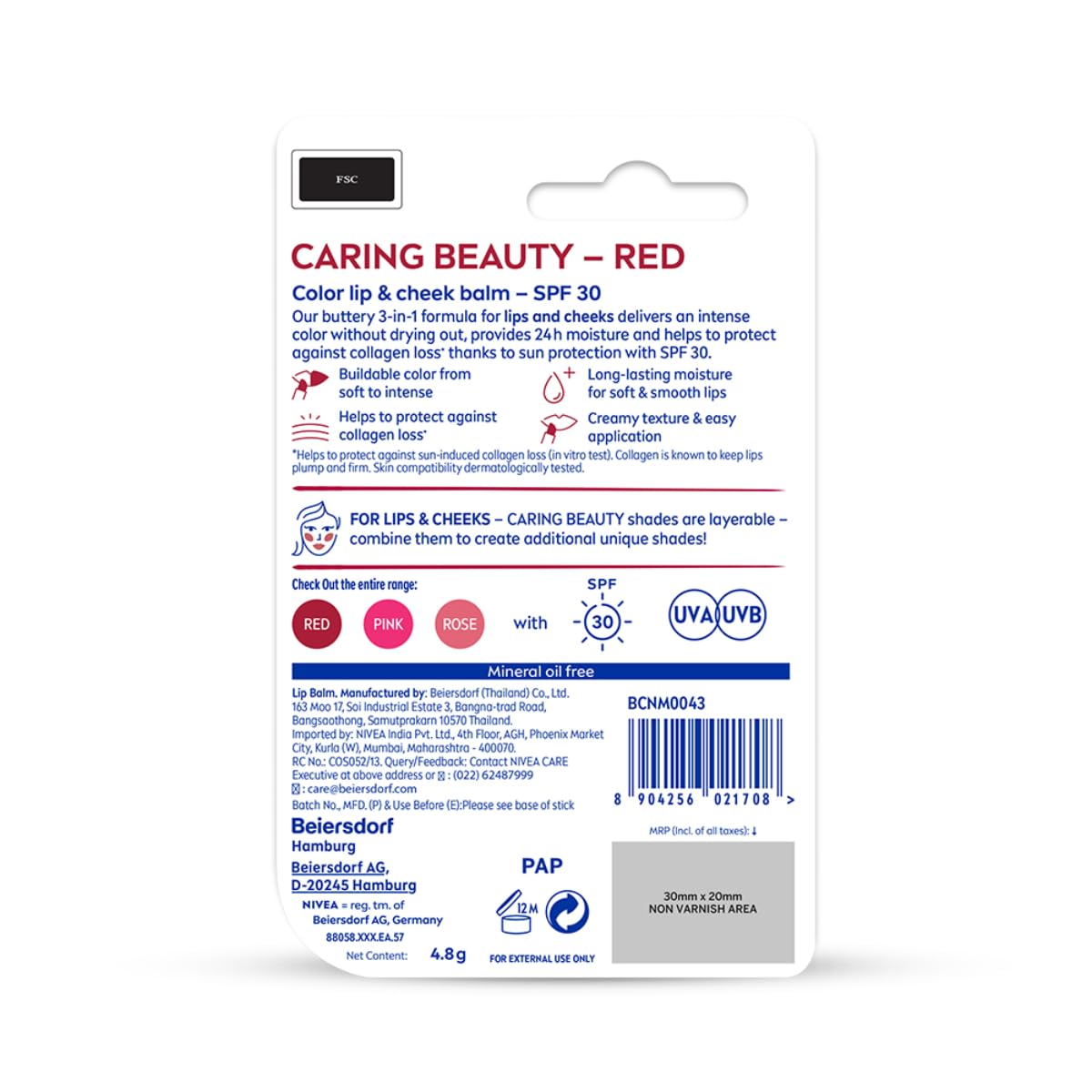 Nivea Lip Caring Beauty Red Lip Balm With SPF 30 - Red - 4.8 gm