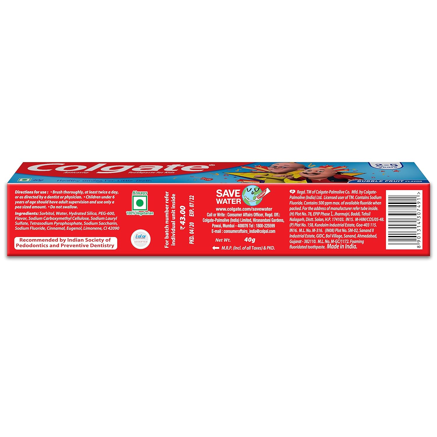 Colgate Kids Toothpaste For 2-5 Years, Motu Patlu, Bubble Fruit Flavour - 40gm