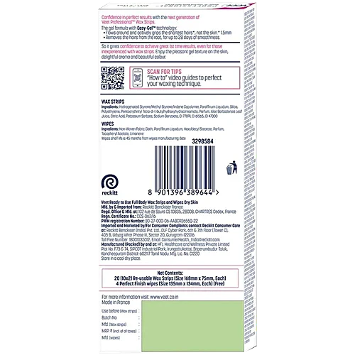 Veet Ready-to-use, Easy Grip Wax Strips For Dry Skin, 20 pcs