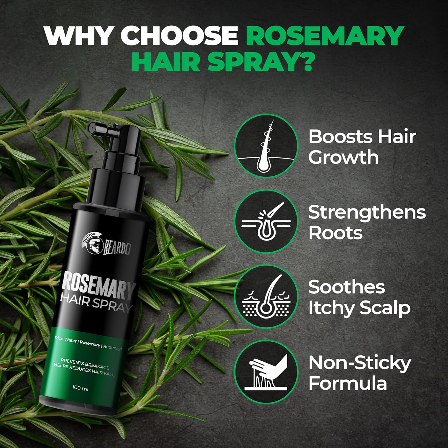 Beardo Rosemary Hair Spray with Redensyl & Rice Water | Activates Natural Hair Growth, Reduces Hair Fall & Breakage | Strengthens Roots | Non-Sticky Daily Hair Tonic for Men- 100ml