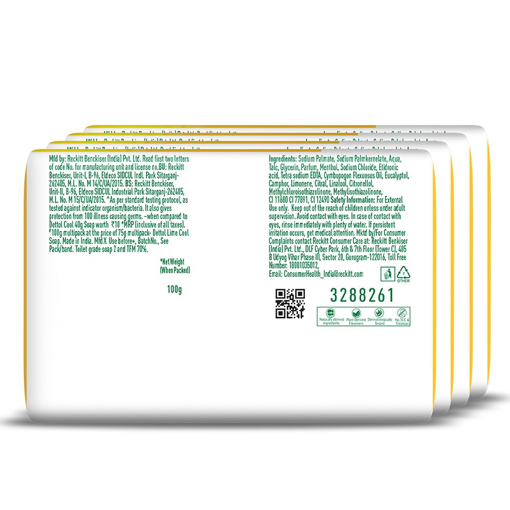 Dettol Lime Fresh (Lime Cool) Bathing Soap Bar with 12hr Freshness (400gm) |Long Lasting Freshness, 100gm Pack of 4