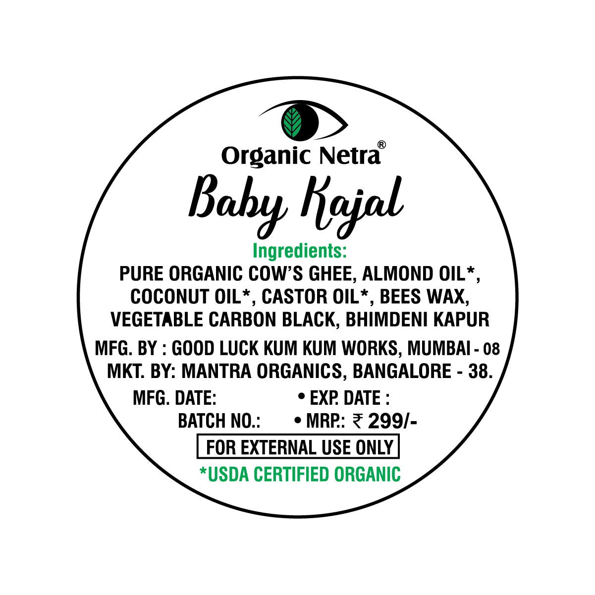 Organic Netra Baby Kajal Water Resistant - 8 gm