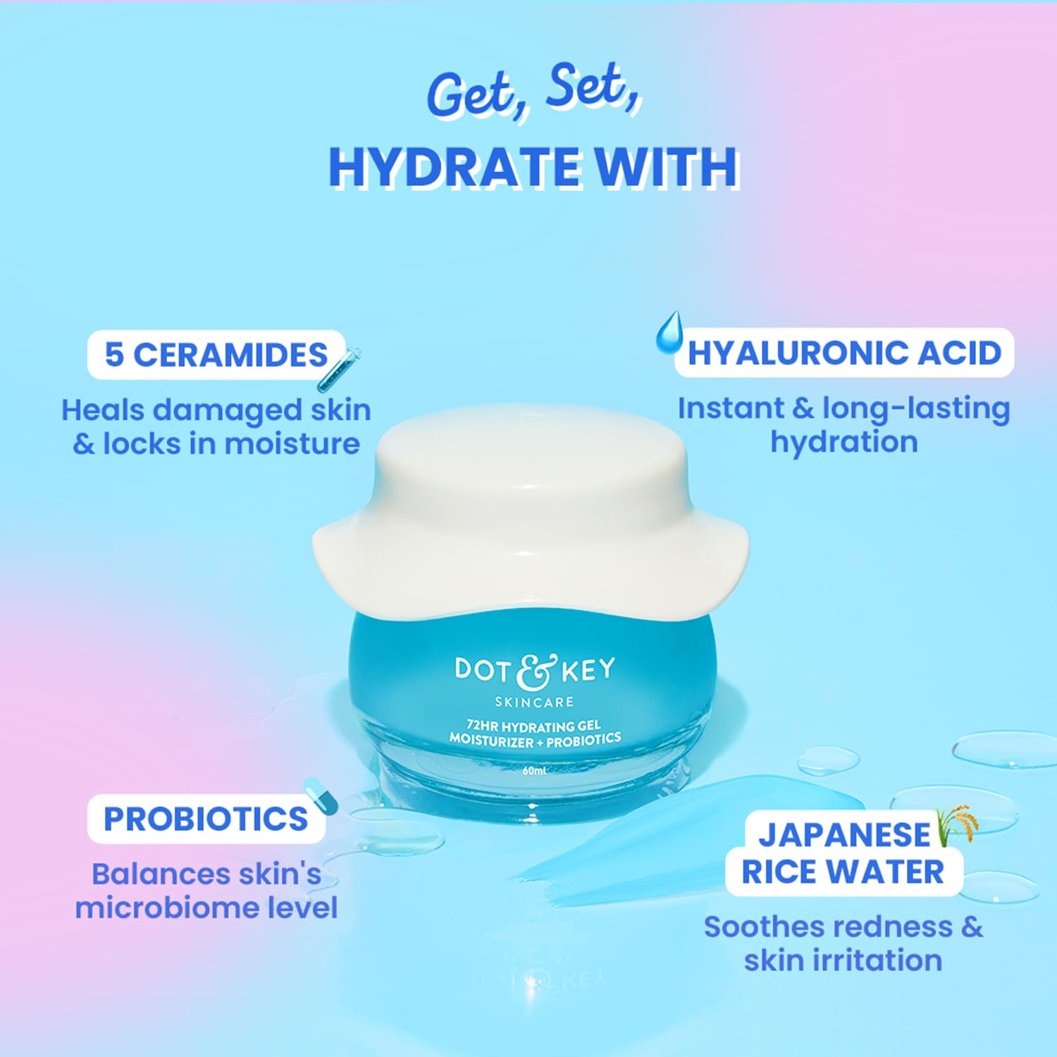 DOT & KEY 72Hr Hydrating Gel + Probiotics Moisturizer For Face With Hyaluronic Acid - 60 ml