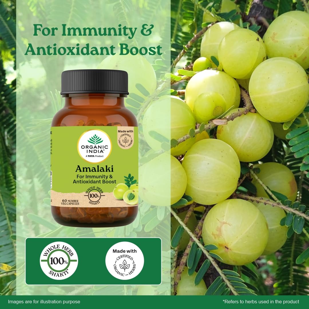 Organic India Amalaki - 60 Veg Capsules, Natural Vitamin C & Antioxidants, Boosts Immune Response, Detoxify & Rejuvenate Digestive System, Reduce Acidity, GMP & NPOP Certified Organic