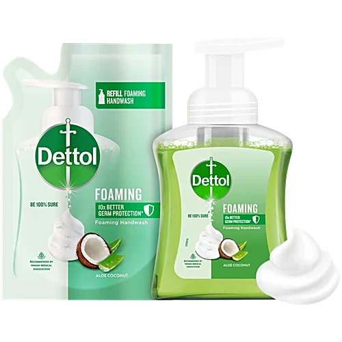 Dettol Foaming Handwash - Pump + Refill Combo, Aloe Coconut, Rich Foam, Moisturizing, Soft On Hands, 250 ml (200 ml Refill Pack)