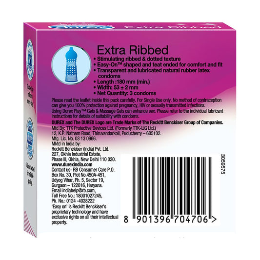 Durex Condoms, Extra Ribbed - 3 Count