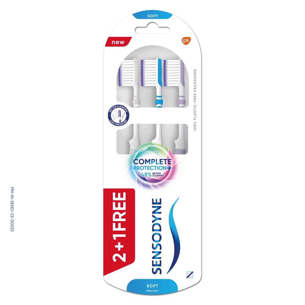 Sensodyne Toothbrush: Complete Protection+ Toothbrush With Flexible Neck For 48% Better Cleaning With Soft Tapered Bristles, 3 Piece (Buy 2 Get 1 Free)