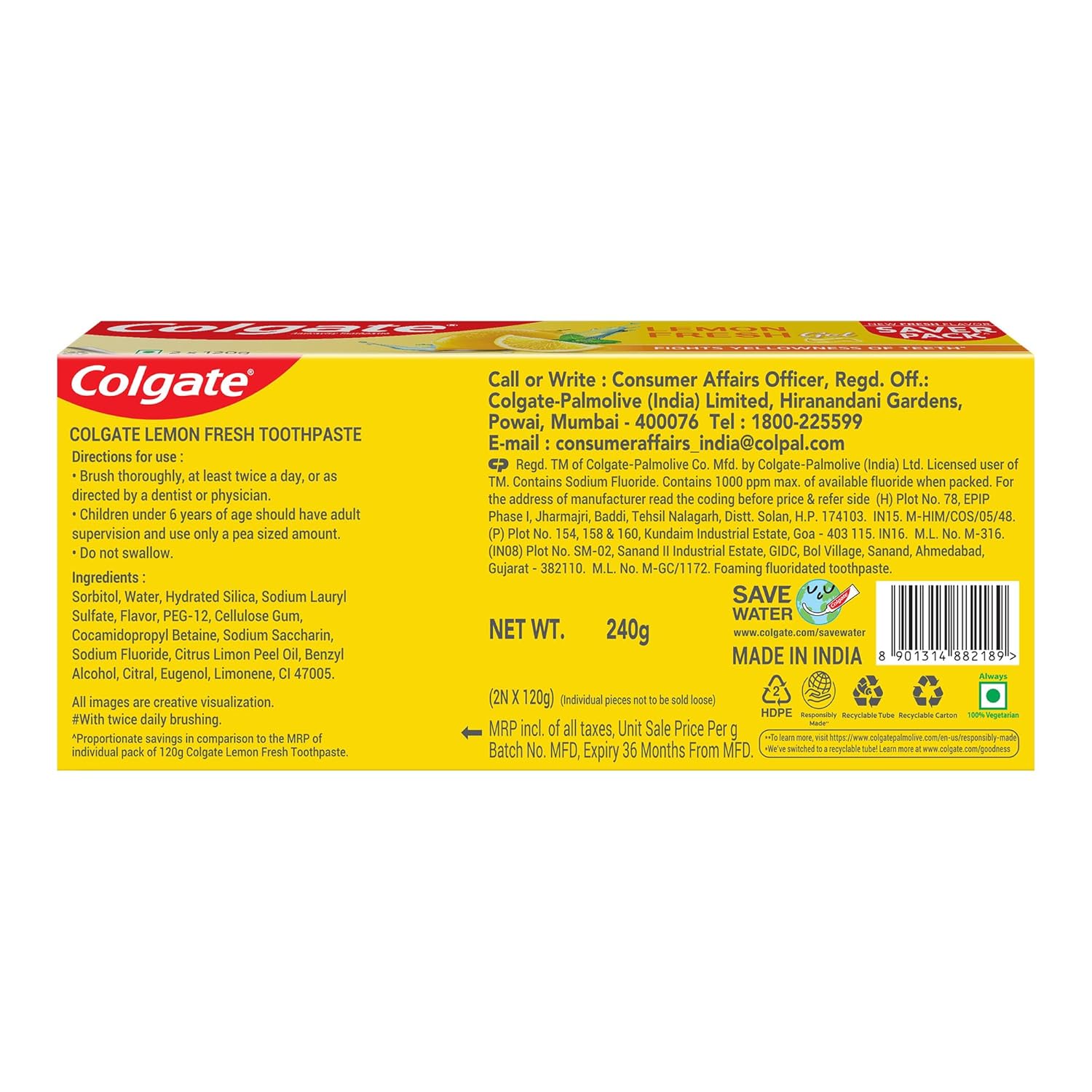 Colgate Lemon Fresh Gel Toothpaste | Tooth Paste Fights Yellowness of Teeth | Colgate Paste Toothpaste with New Fresh Flavor (240gm)