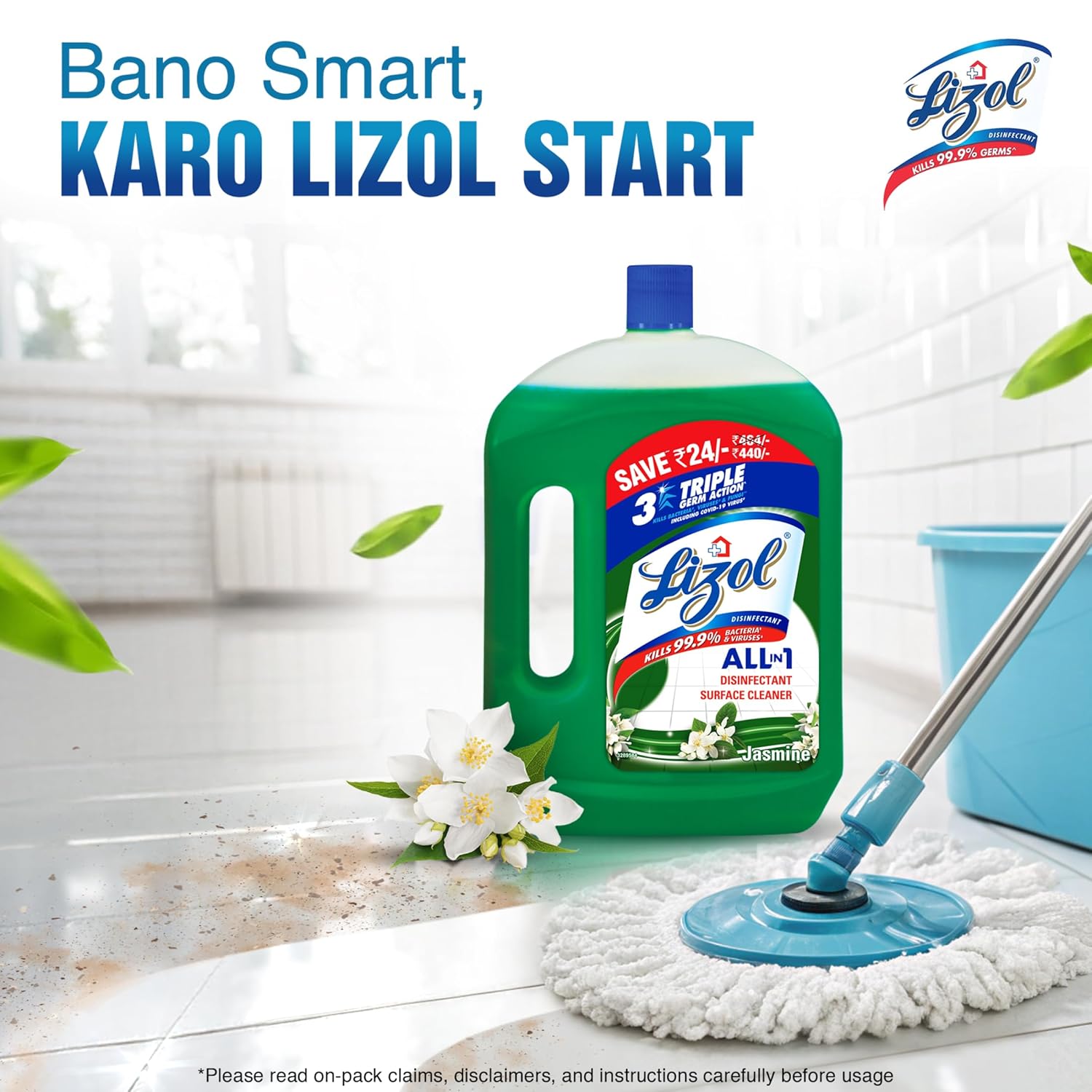 Lizol Disinfectant Surface & Floor Cleaner Liquid, Jasmine - 2 Litre