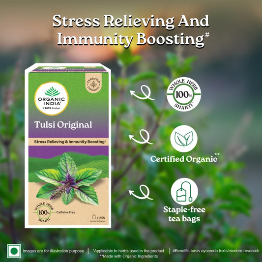 Organic India Tulsi Original - 25 Tea Bags, Caffeine-Free Herbal Tea with Tulsi, Natural Detoxifier, Rich in Antioxidants