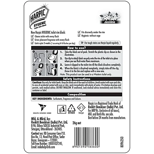 Harpic Hygienic Toilet Cleaner Rim Block - Jasmine, 26 g