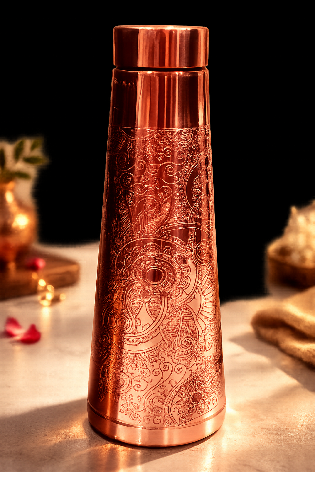 Luxury Engraved Copper Water Bottle – 100% Pure Food Grade Ayurvedic Designer Bottle with Leakproof Cap