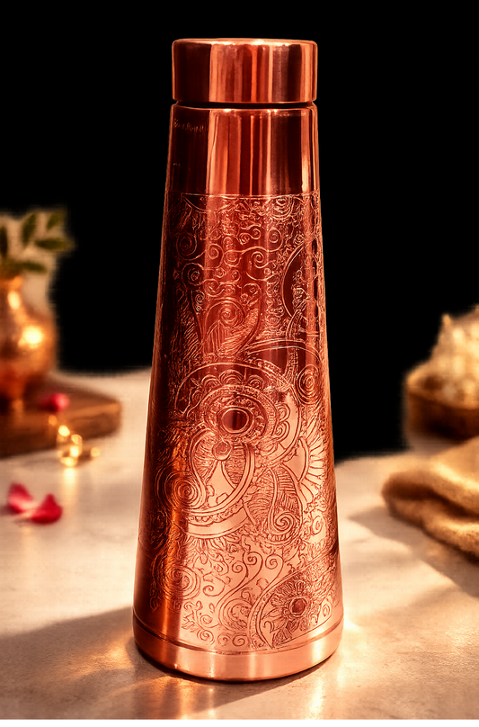 Luxury Engraved Copper Water Bottle – 100% Pure Food Grade Ayurvedic Designer Bottle with Leakproof Cap