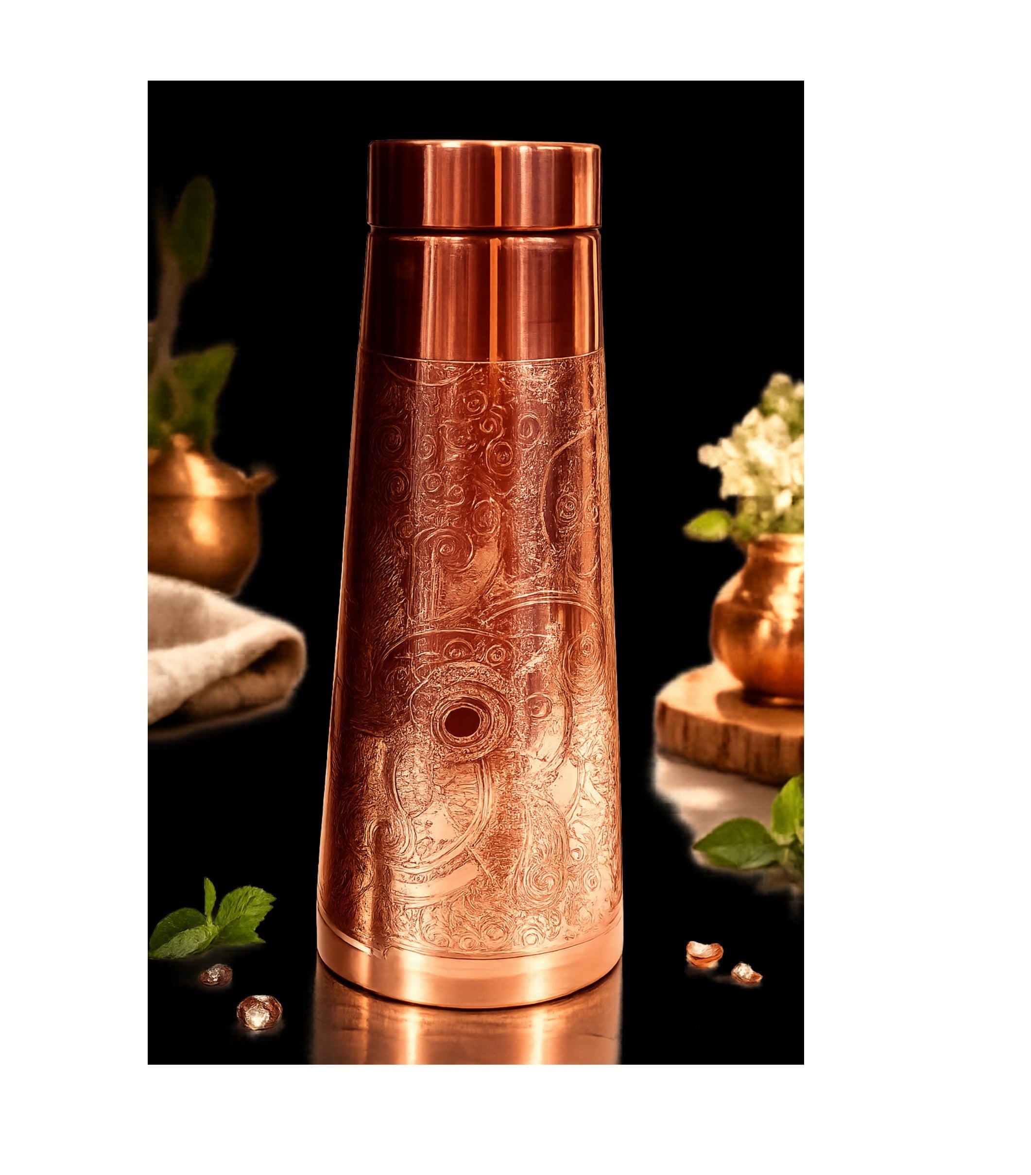 Luxury Engraved Copper Water Bottle – 100% Pure Food Grade Ayurvedic Designer Bottle with Leakproof Cap