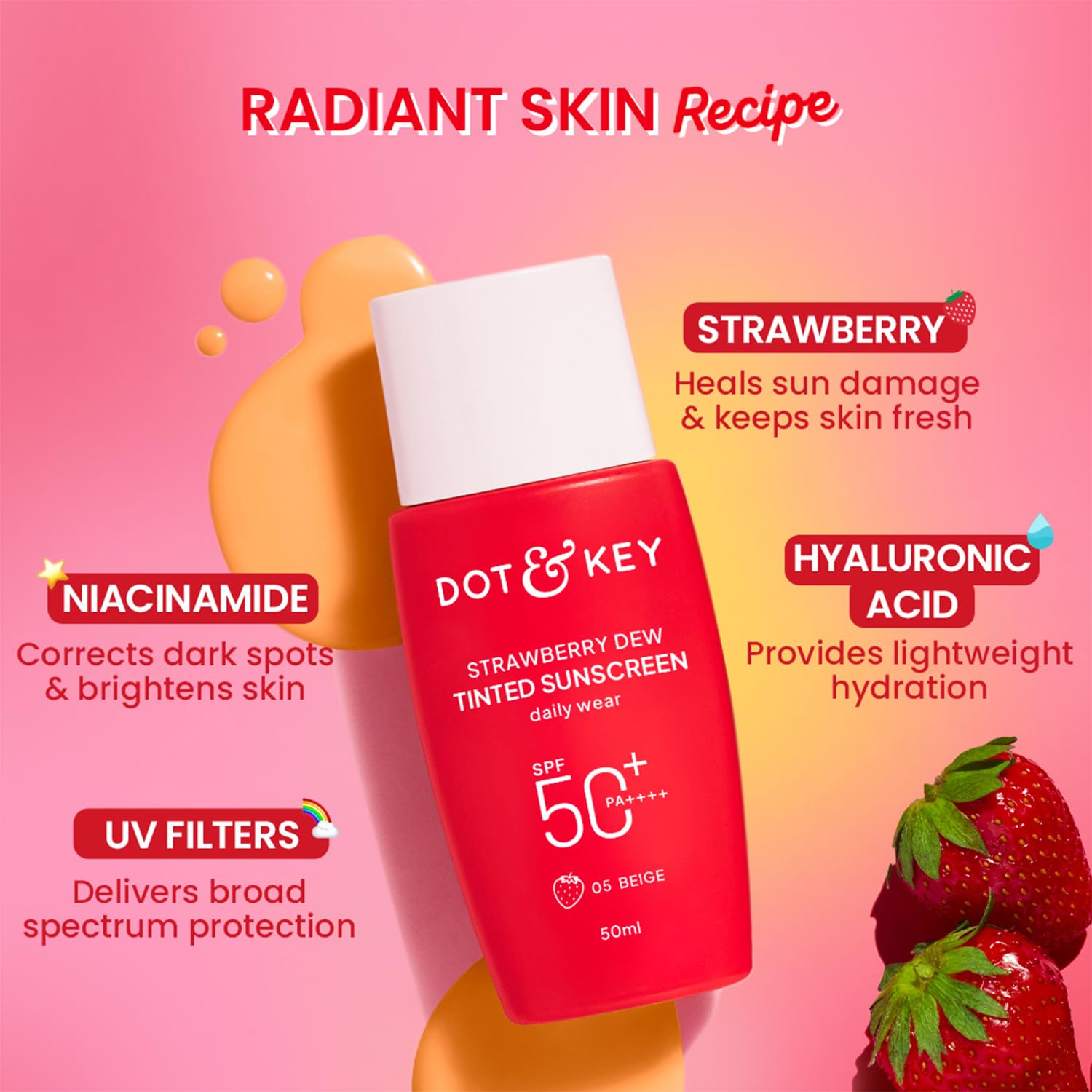 Dot & Key Strawberry Dew Tinted Sunscreen SPF 50+ PA++++ 03 Sand - 50 ml