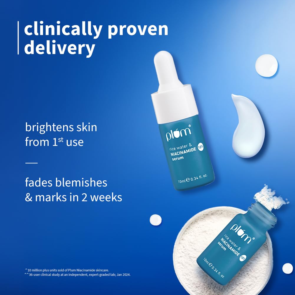 Plum Goodness 10% Niacinamide Brightening Face Serum With Rice Water - Fades Blemishes & Dark Spots, Beginner Friendly - 10 ml