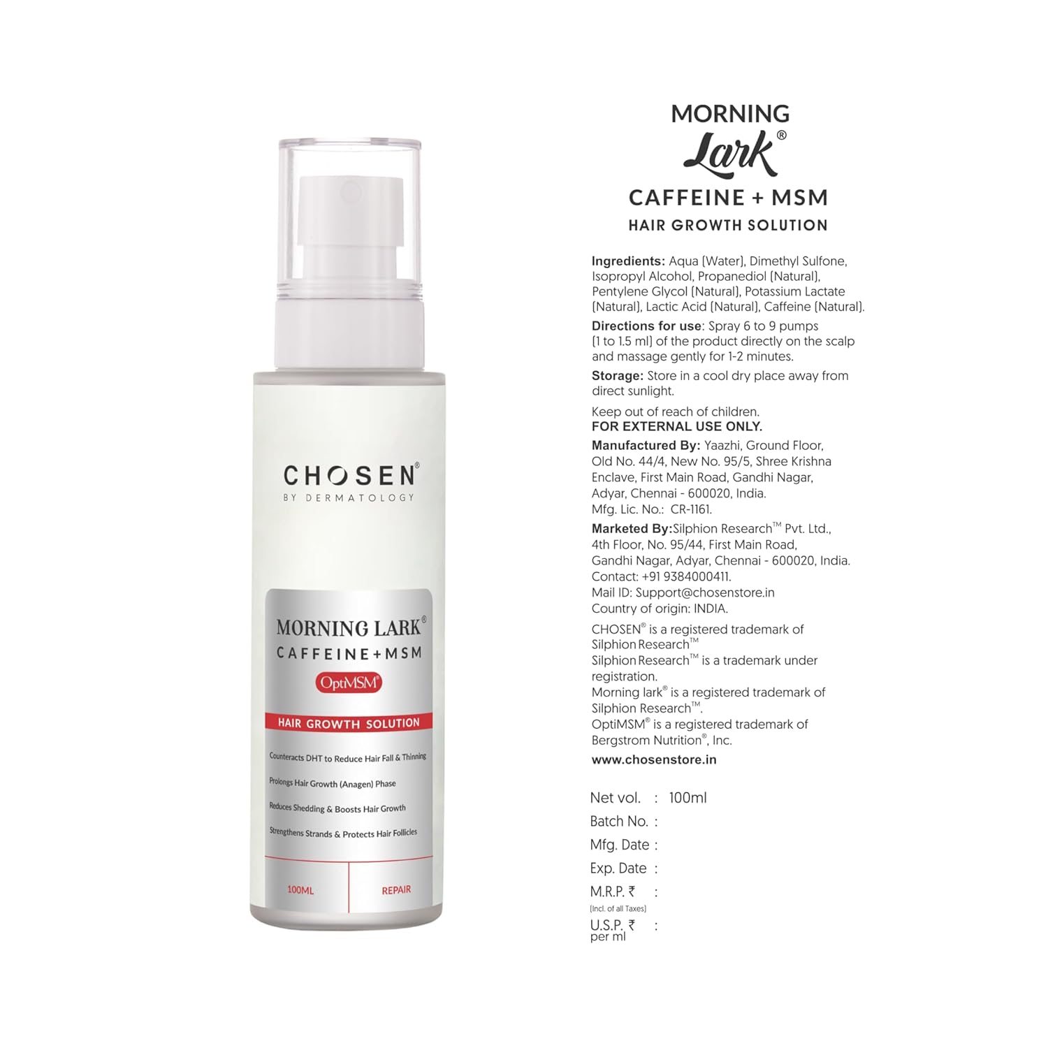 Chosen Morning Lark Caffeine + OptiMSM Hair Growth Serum - 100 ml