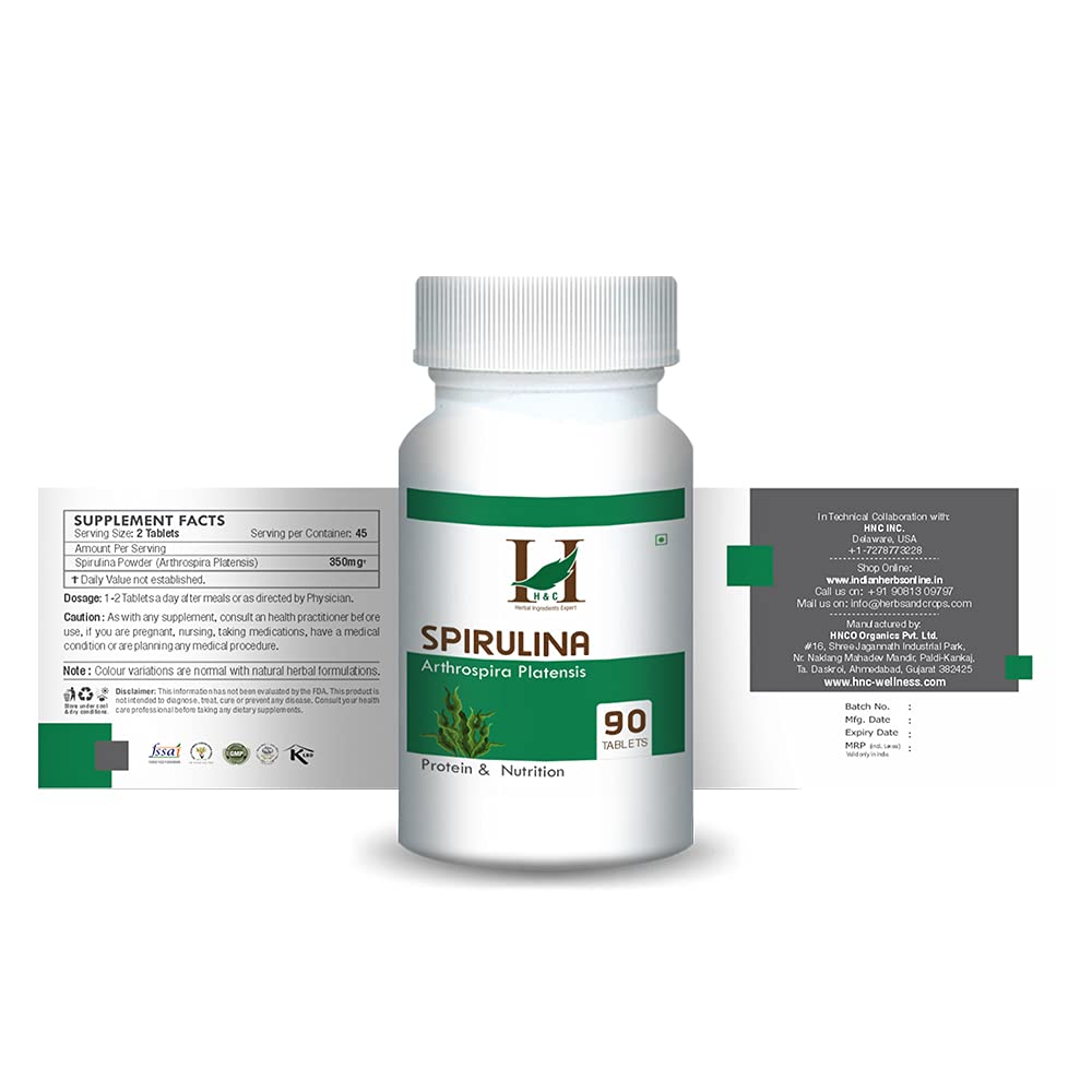 “H&C Herbal Ingredients Spirulina Tablets – 90 Tablets (350mg Each) | Superfood – Metabolism Booster
