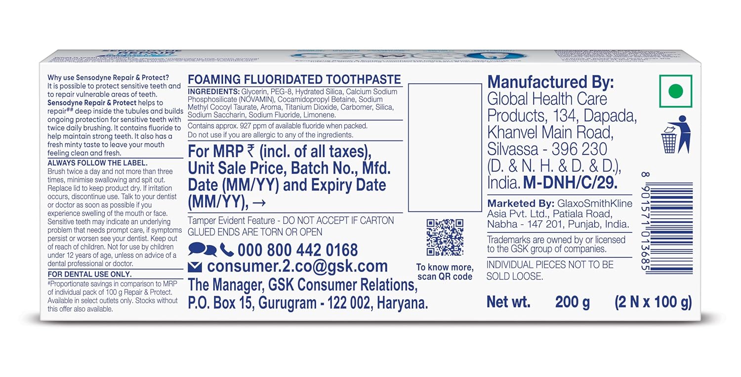 Sensodyne Toothpaste Repair and Protect | Tooth Paste for Daily Sensitivity Protection, Long-lasting Relief | Combo Pack - 200gm (100gm x 2)