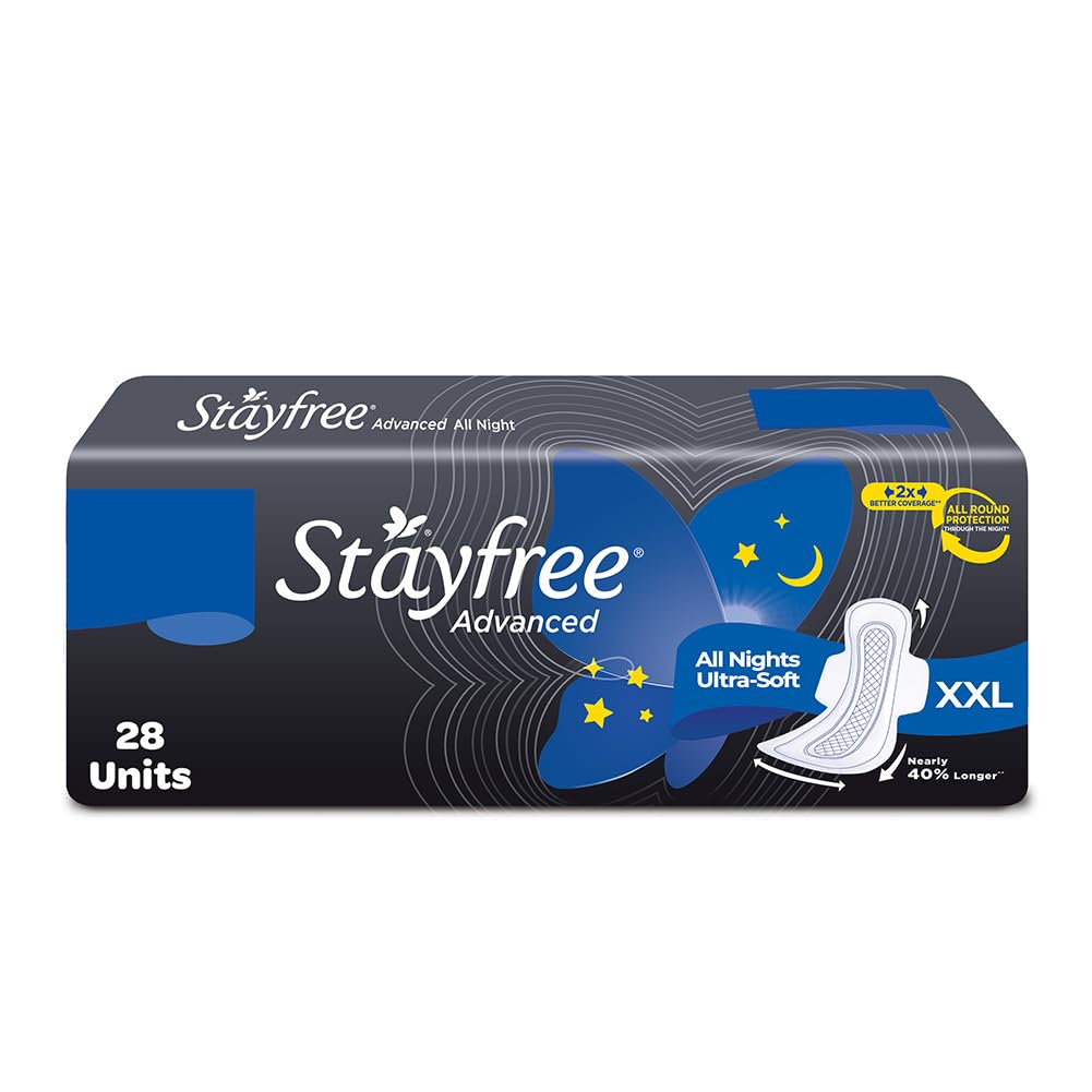 Stayfree Advanced XXL All Night Soft Cover Sanitary Pads For Women With Wings, 28 Pads