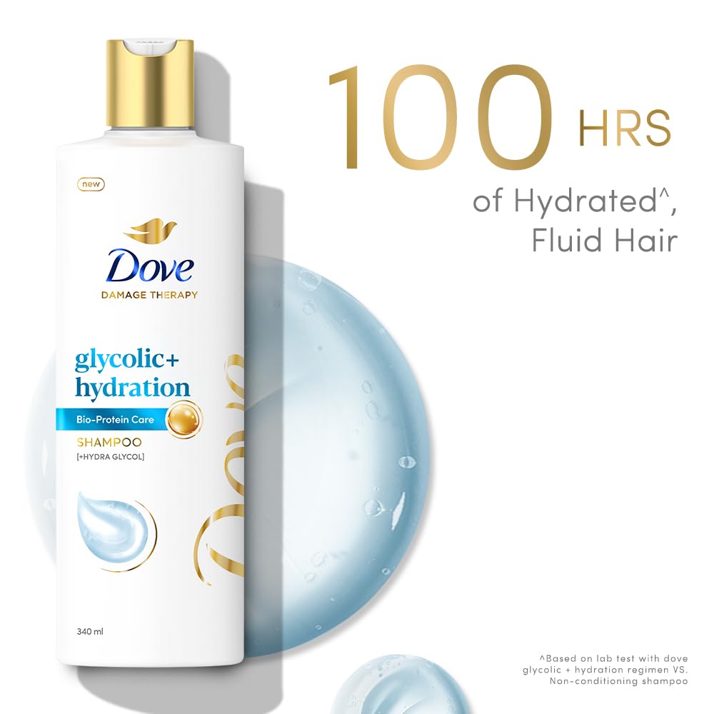 Dove Glycolic + Hydration Shampoo With 5% Hydra-Glycol For Upto 100 Hours Of Hydrated, Fluid Hair - 340 ml