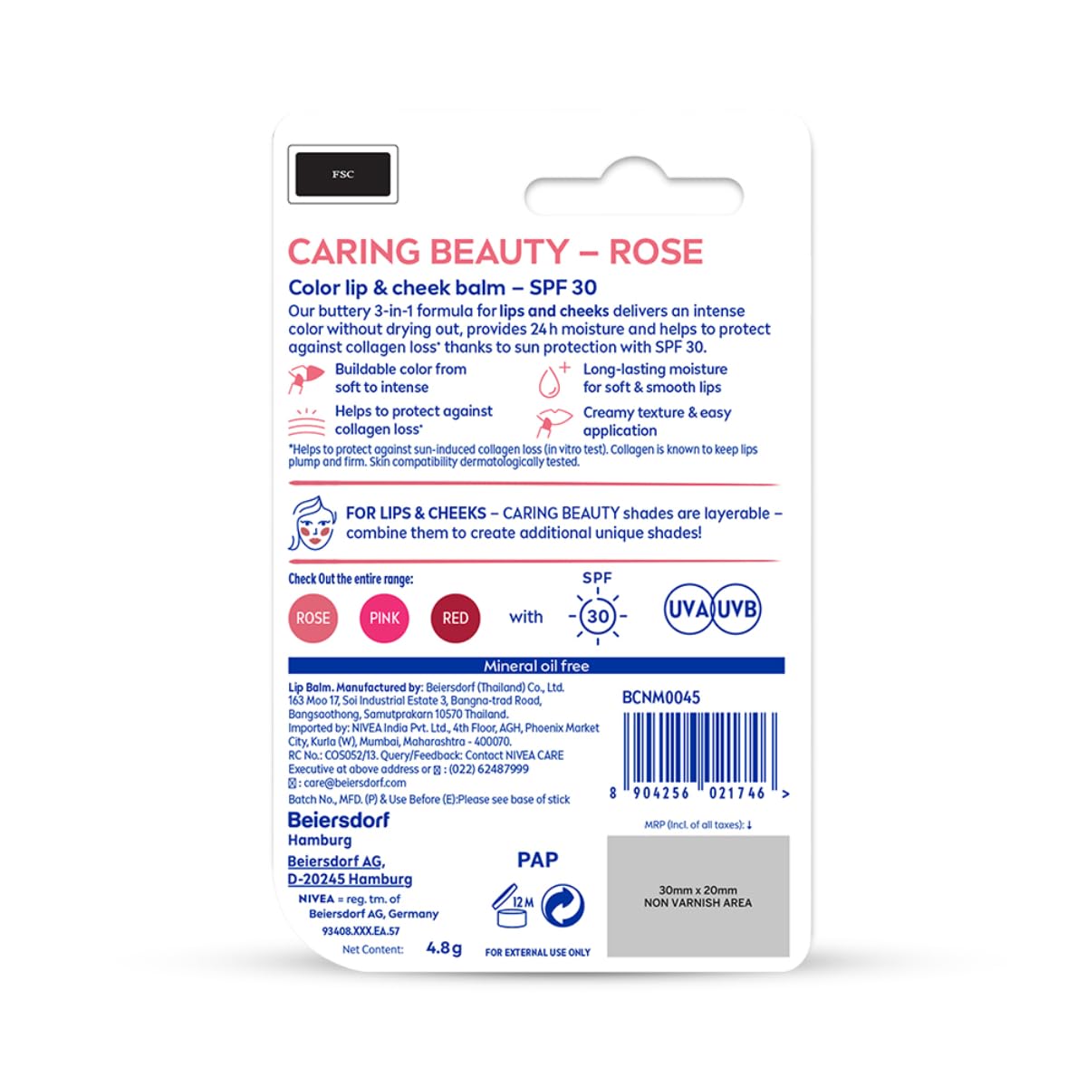 Nivea Lip Caring Beauty Red Lip Balm With SPF 30 - Rose - 4.8 gm