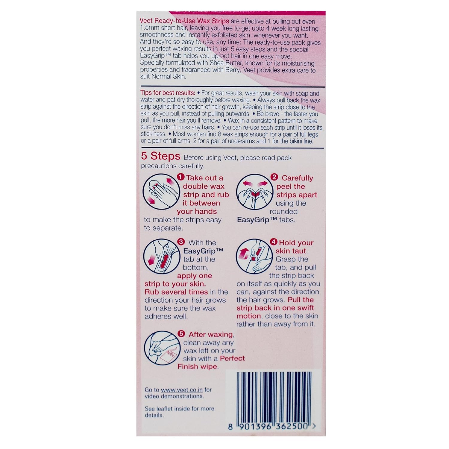Veet Full Body Waxing Kit - Normal Skin (20 strips) for women, pack of 1, 80 gm