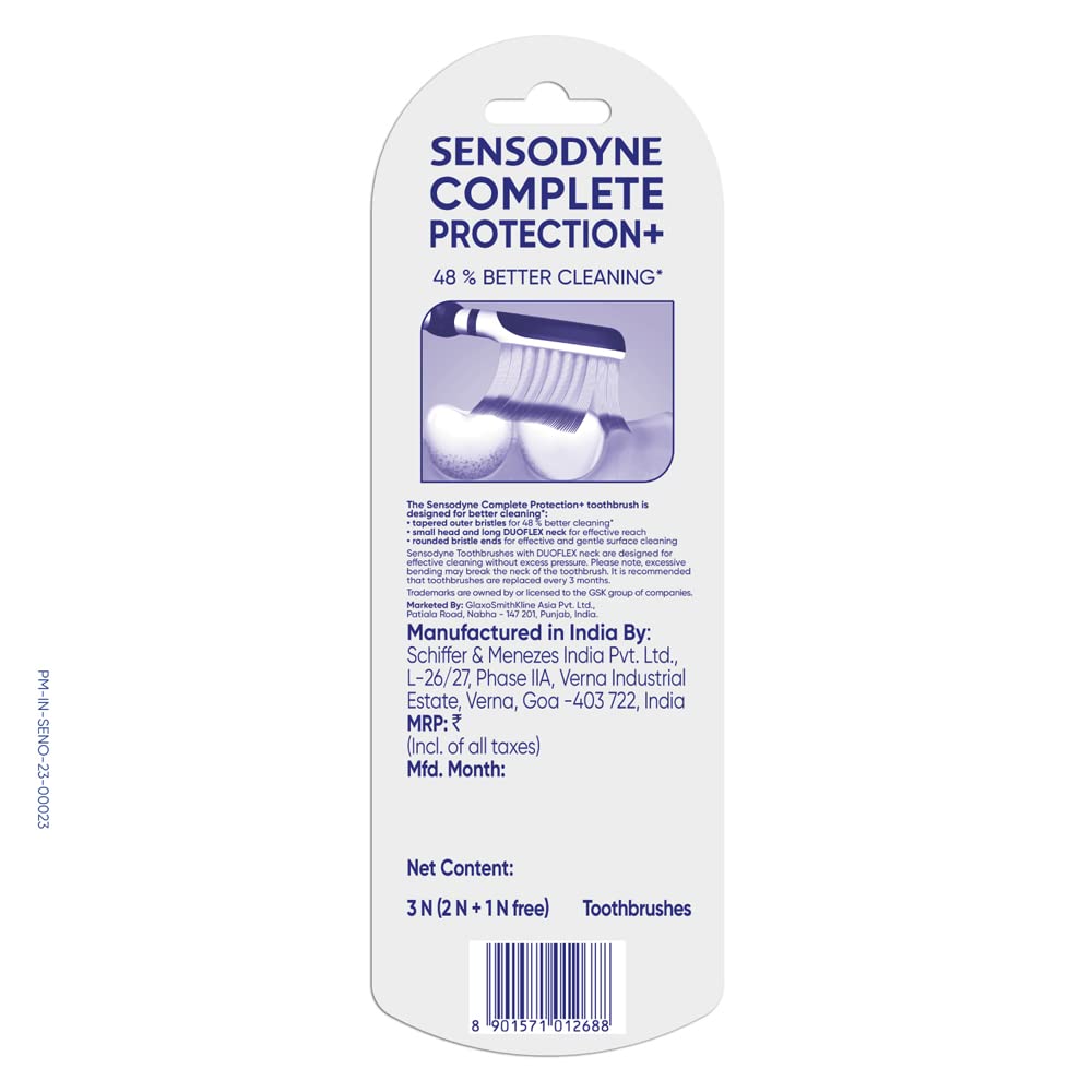 Sensodyne Toothbrush: Complete Protection+ Toothbrush With Flexible Neck For 48% Better Cleaning With Soft Tapered Bristles, 3 Piece (Buy 2 Get 1 Free)
