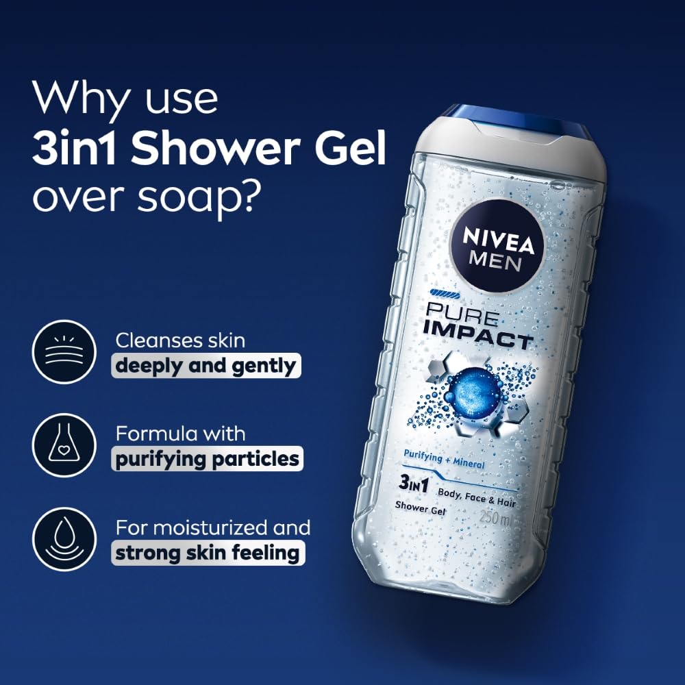 Nivea Men Pure Impact Shower Gel For Body, Face & Hair - 250 ml