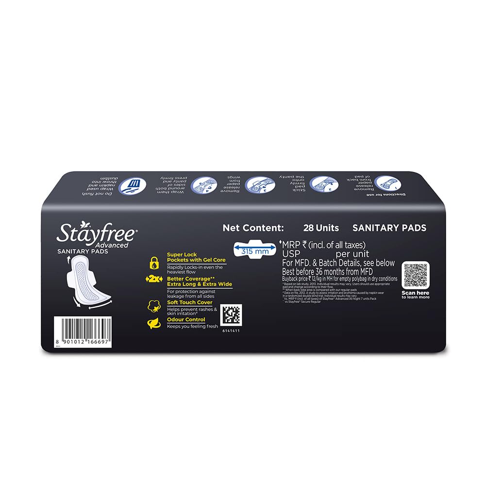 Stayfree Advanced XXL All Night Soft Cover Sanitary Pads For Women With Wings, 28 Pads