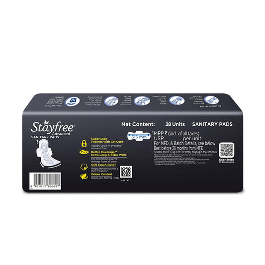 Stayfree Advanced XXL All Night Soft Cover Sanitary Pads For Women With Wings, 28 Pads