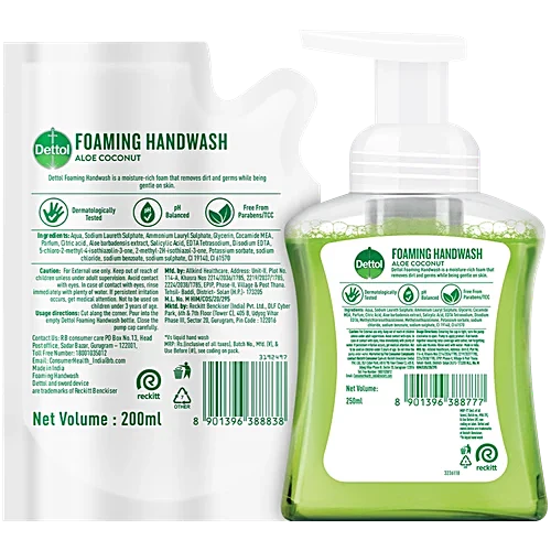 Dettol Foaming Handwash - Pump + Refill Combo, Aloe Coconut, Rich Foam, Moisturizing, Soft On Hands, 250 ml (200 ml Refill Pack)