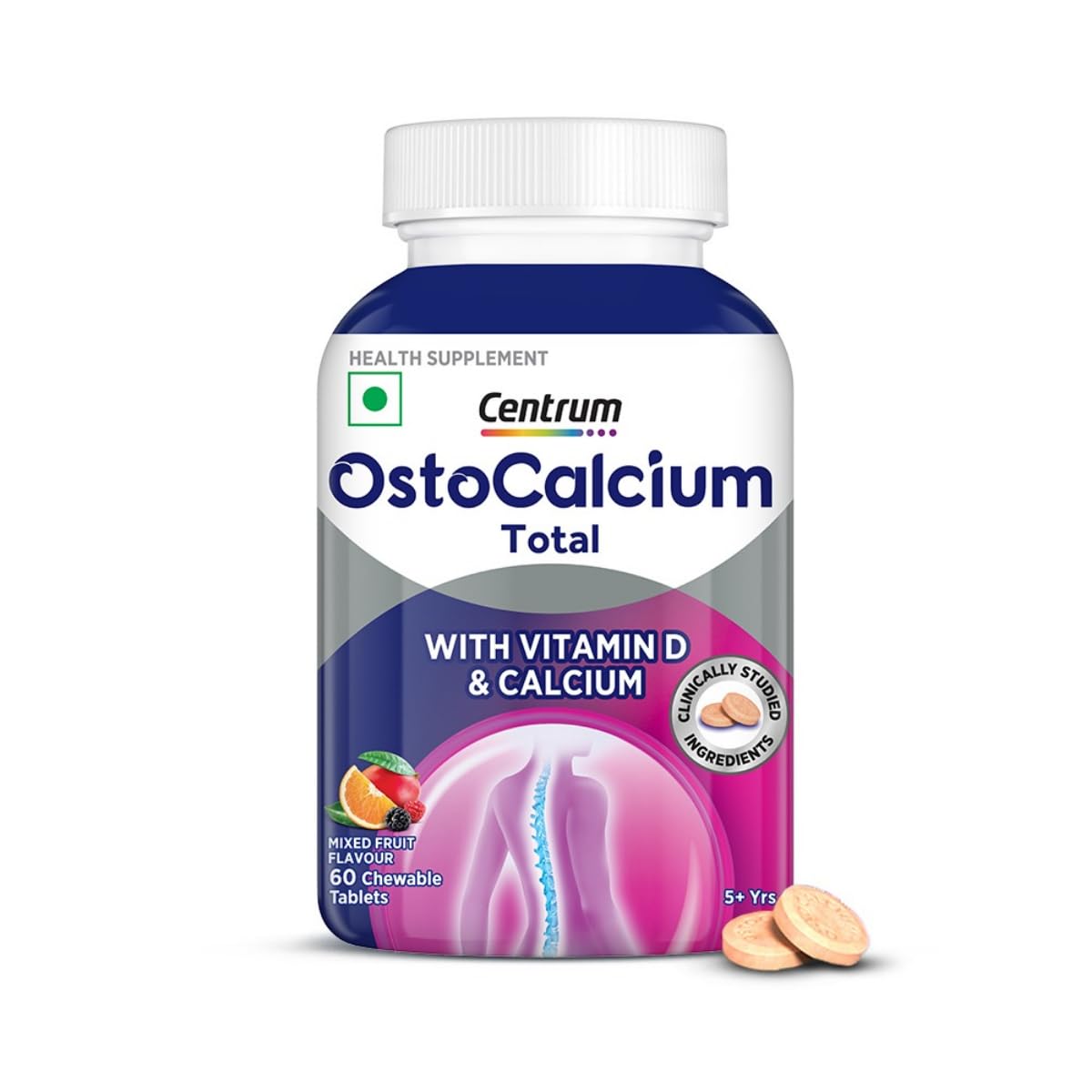 Centrum Ostocalcium Total Chewable Tablets For Women & Men | Vitamin D & Calcium Tablets To Support Strong Bones, Joints & Muscles |60 Tablets, 128 Grams