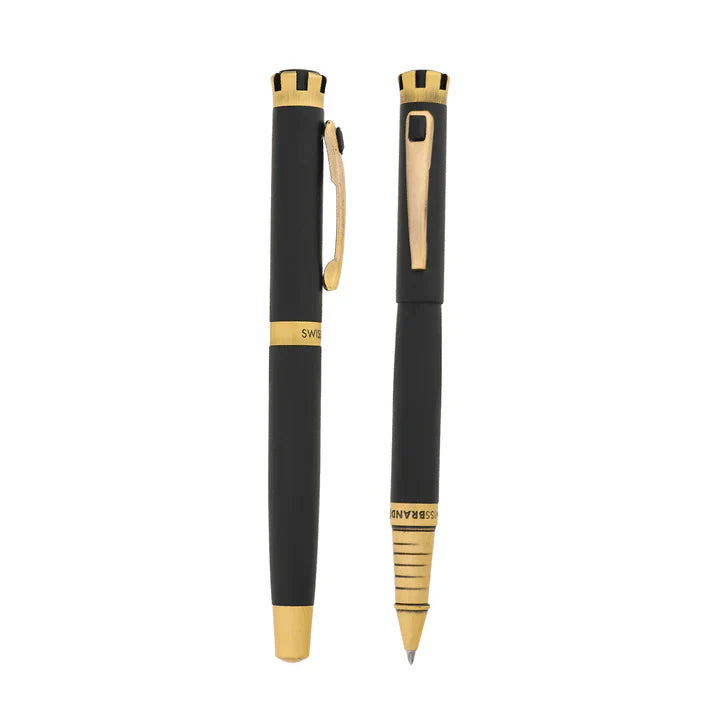SWISSBRAND Eternia 2510 Matte black gold Rollerball Pen with black gem embedded in the gold trim