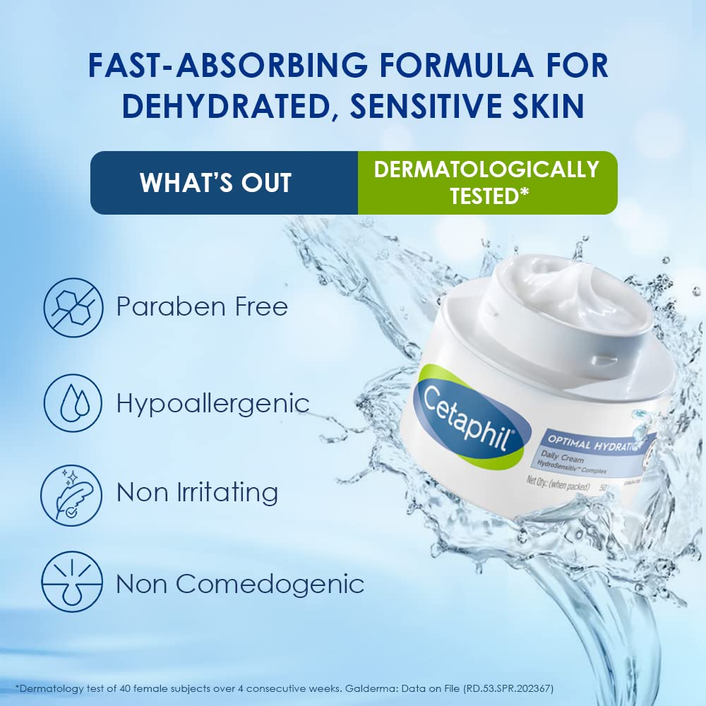 Cetaphil Optimal Hydration Daily Cream, Lightweight, Skin Barrier Protection with Hyaluronic Acid - 50 gm