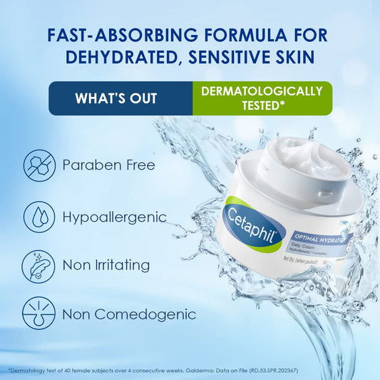 Cetaphil Optimal Hydration Daily Cream, Lightweight, Skin Barrier Protection with Hyaluronic Acid - 50 gm
