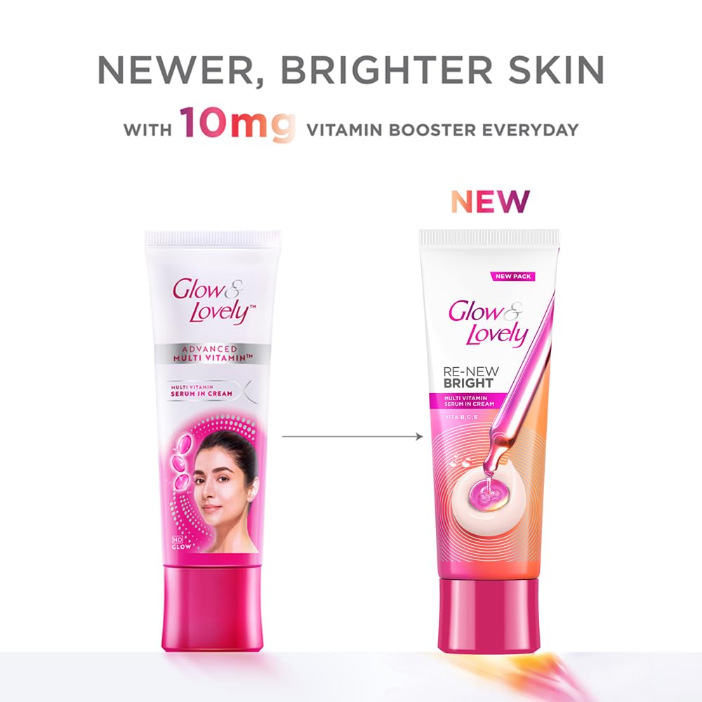 Glow and Lovely Renew Bright Multivitamin Serum in Cream | Vitamins B,C and E | Renews Skin cells |Bright and Healthy Skin | Clinically proven formula is dermatologically tested 110g