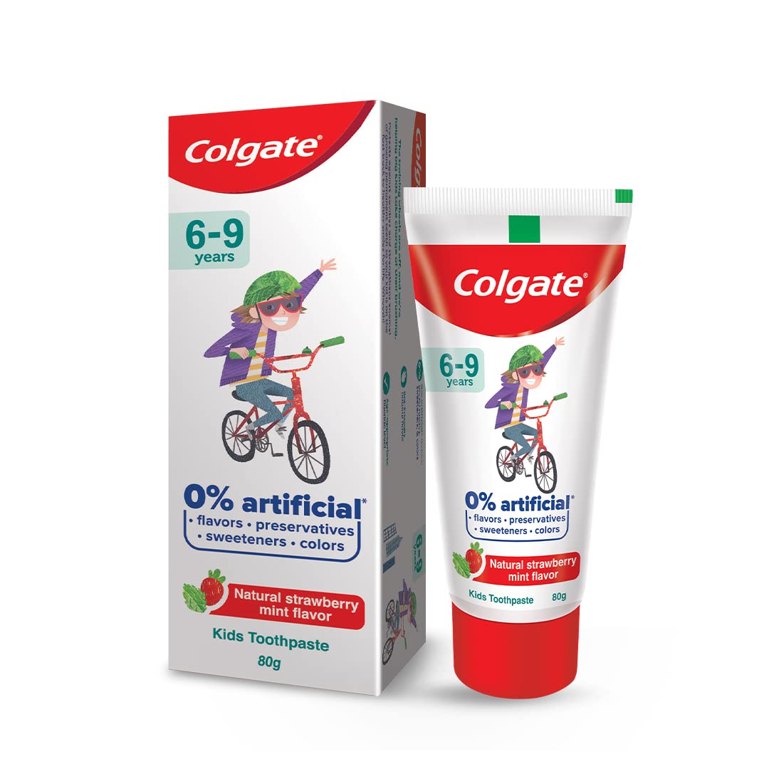 Colgate Kids Toothpaste with 0% Artificial Preservatives, Colours, Sweeteners for Whitening (6-9 Years, Natural Strawberry Mint Flavour - 80g