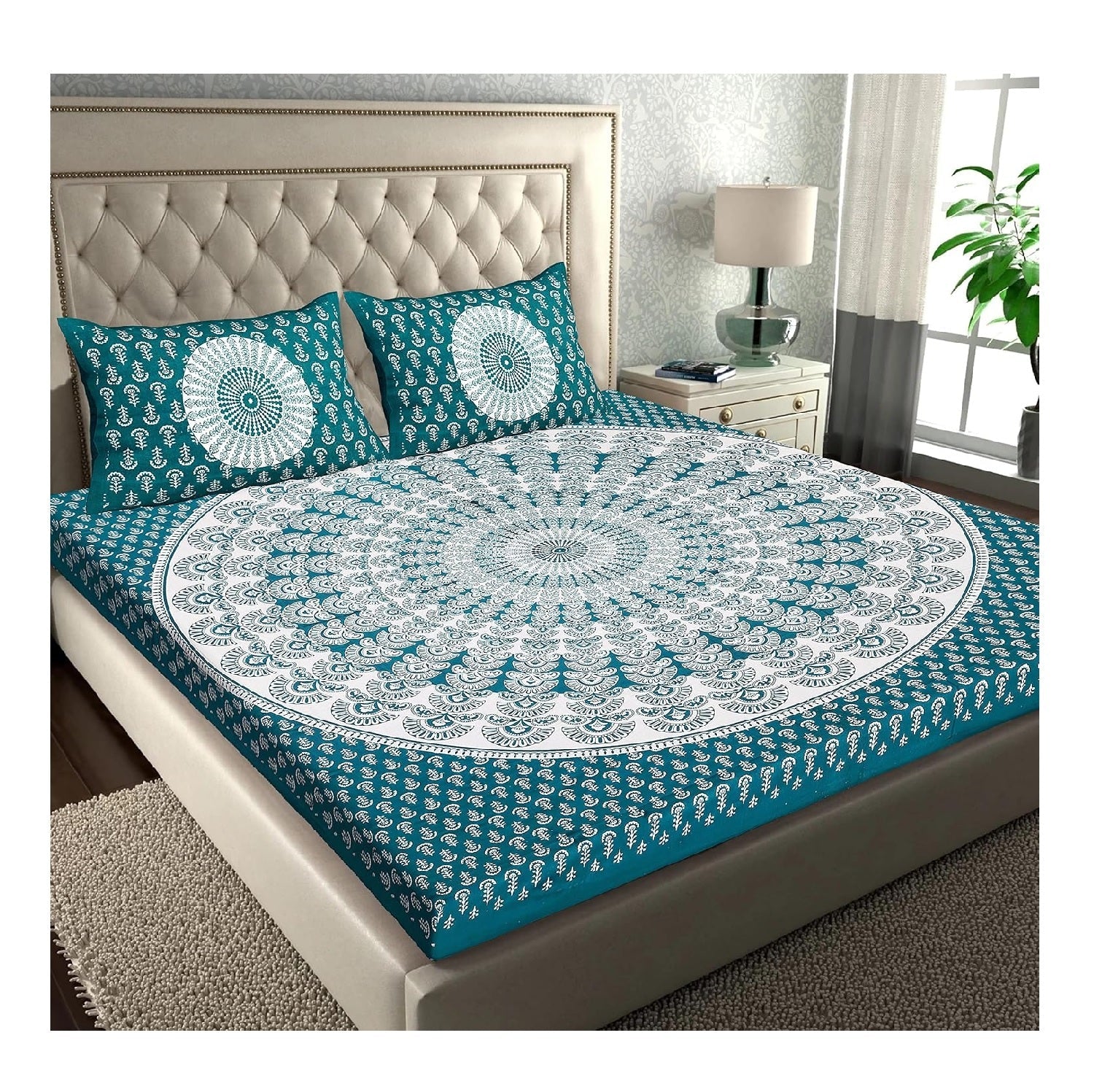 Rajasthani Pure 100% Cotton Double Bed Sheet with 2 Pillow Covers (Bedsheet for Double Bed Cotton, Green Rangoli)
