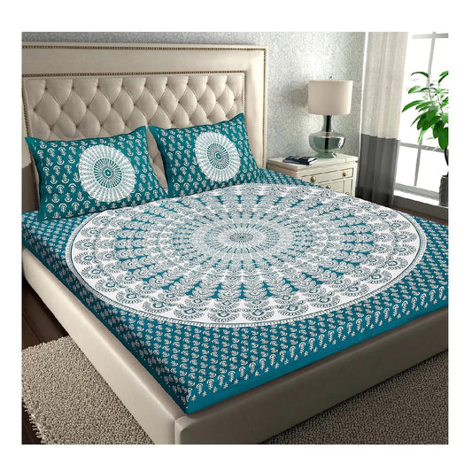Rajasthani Pure 100% Cotton Double Bed Sheet with 2 Pillow Covers (Bedsheet for Double Bed Cotton, Green Rangoli)