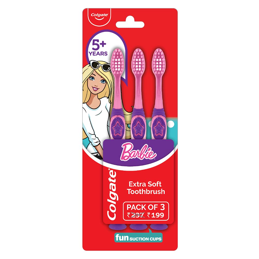 Colgate Kids Barbie Toothbrush, Extra Soft with Tongue Cleaner (Pack of 3) Kid Manual Multicolor