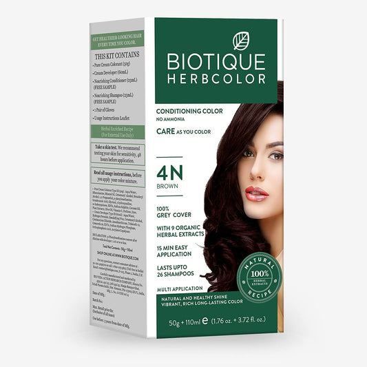 Biotique Herbcolor Conditioning Hair Colour l Ammonia Free Hair Color l 9 Organic Herbal Extracts l Natural and Healthy Shine l 50g + 110ml| Brown 4N