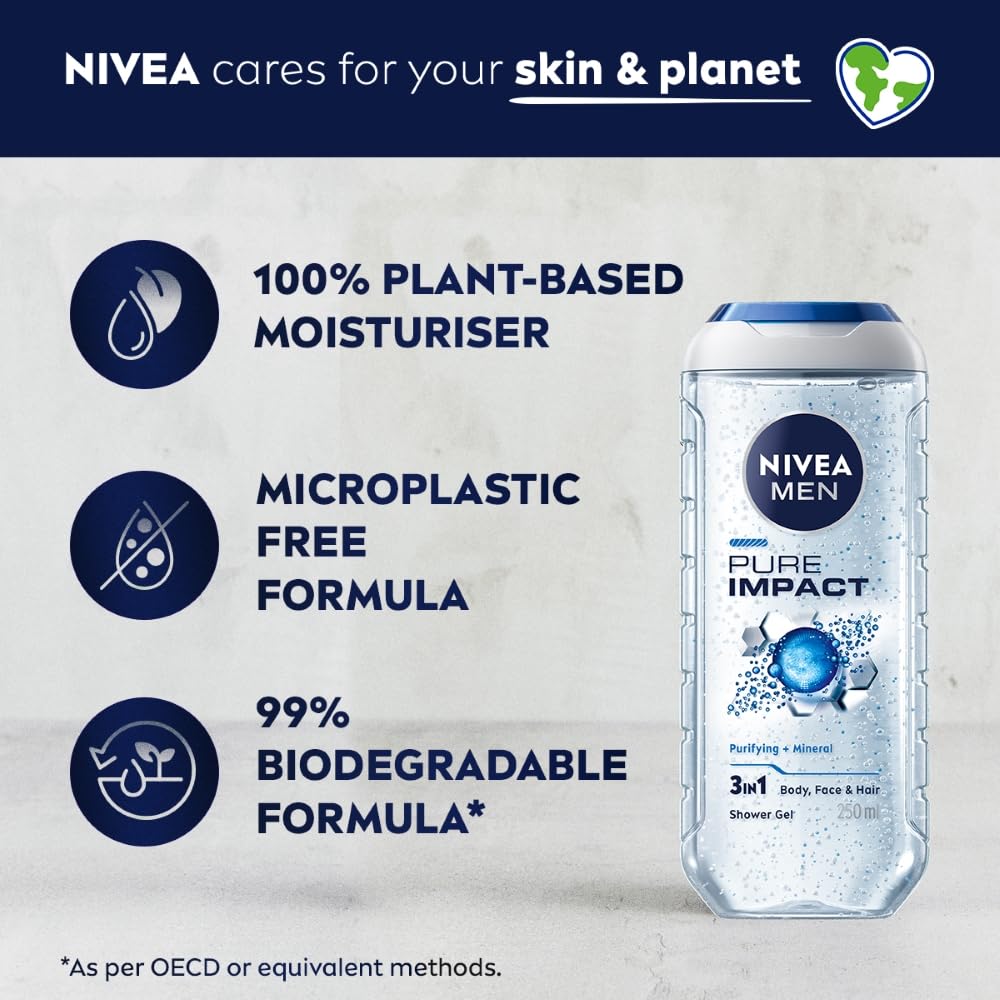 Nivea Men Pure Impact Shower Gel For Body, Face & Hair - 250 ml