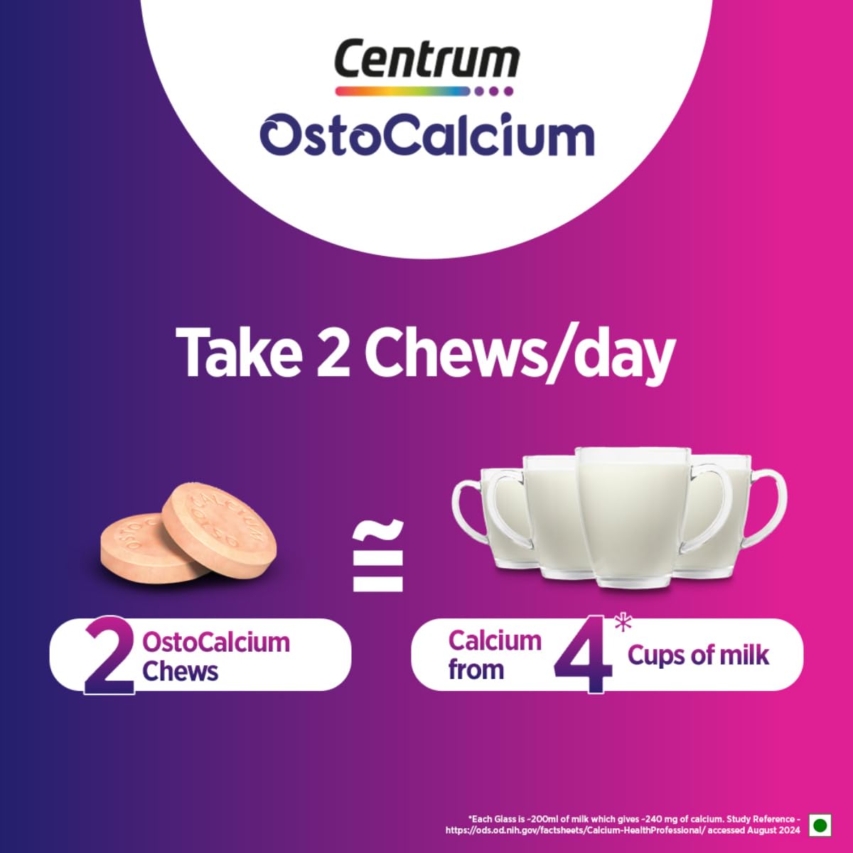 Centrum Ostocalcium Total Chewable Tablets For Women & Men | Vitamin D & Calcium Tablets To Support Strong Bones, Joints & Muscles |60 Tablets, 128 Grams